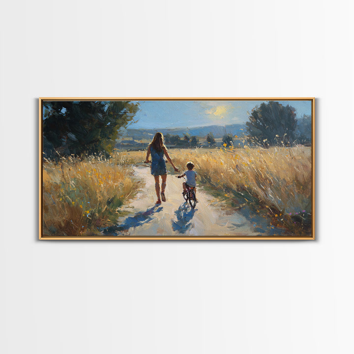 Mother Walking Child With Bicycle Through Golden Fields Canvas Print, Country Landscape Wall Art, Family Living Room Decor