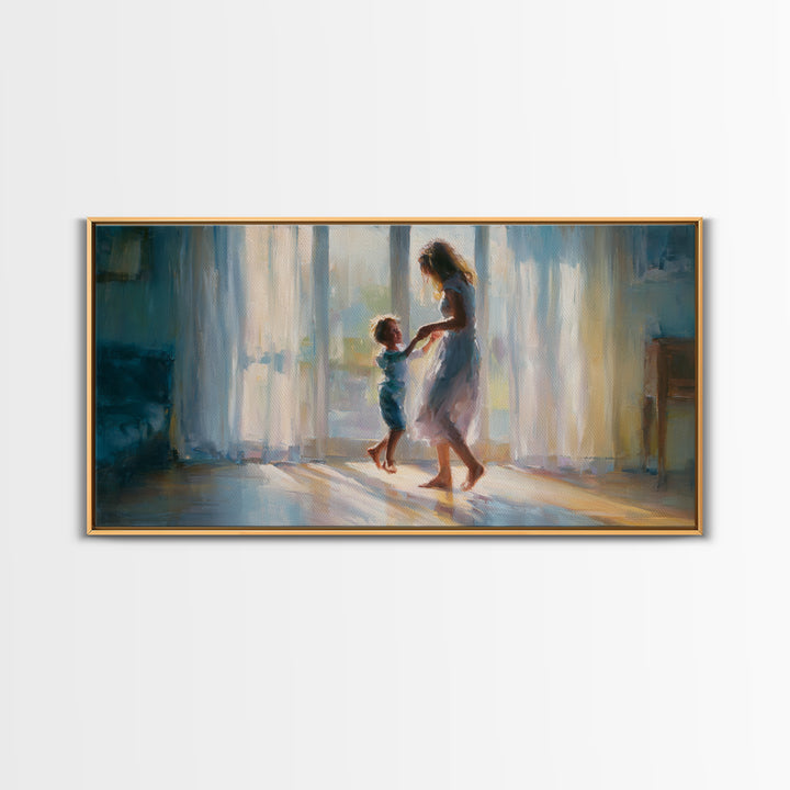 Mother And Child Dancing In Window Light Wall Art, Impressionist Family Painting, Cozy Bedroom Decor, Gift For Her, Living Room Art