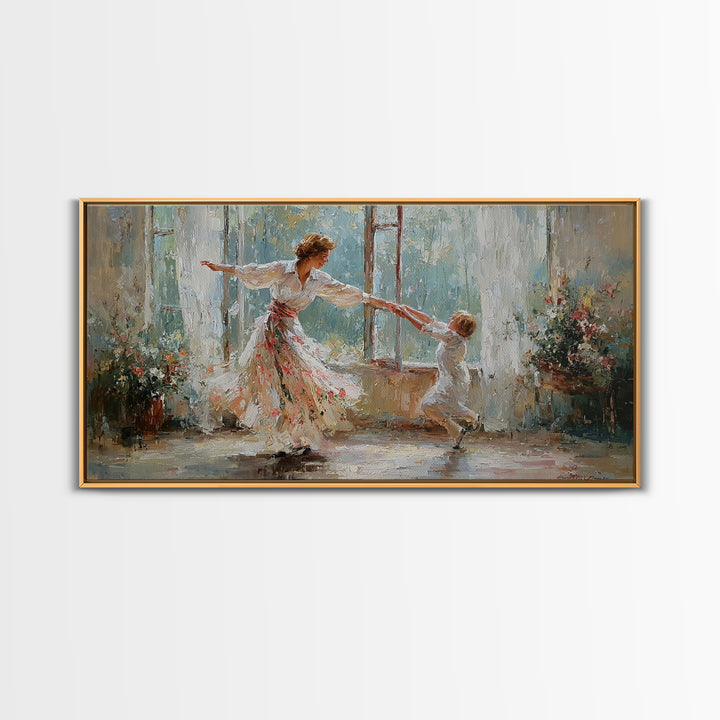 Sunlit Mother And Child Dance Canvas Print, Impressionist Family Wall Art, Nursery Decor, Gift For Mom, Living Room Decor