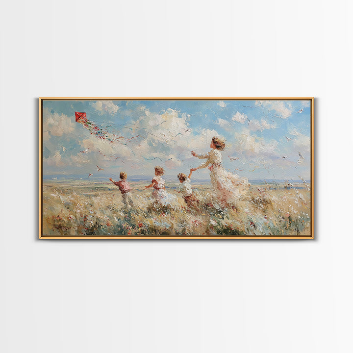 Mother And Children Flying Kite Canvas Print, Coastal Meadow Wall Art, Impressionist Family Decor, Beach House Gift For Mom