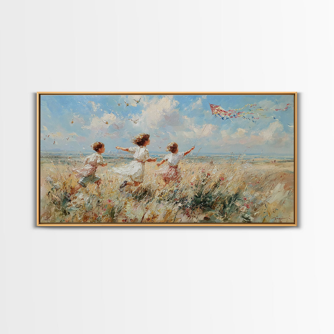 Children Running Through Meadow Canvas Print, Kite Flying Wall Art, Impressionist Landscape, Playroom Decor, Gift For Her