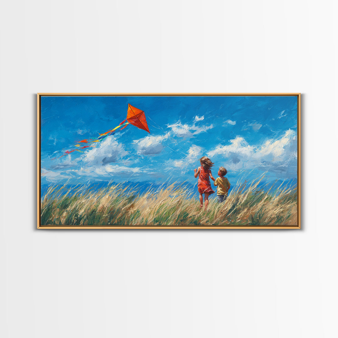 Two Children Flying Red Kite Canvas Print, Bright Blue Sky Wall Art, Summer Meadow Decor, Kids Room Art, Gift For Mom, Home Decor