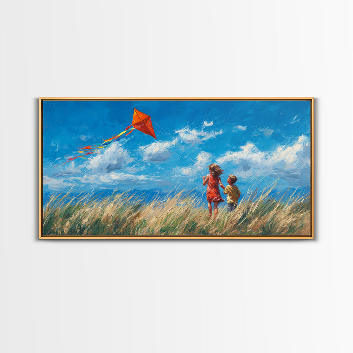 Two Children Flying Red Kite Canvas Print, Bright Blue Sky Wall Art, Summer Meadow Decor, Kids Room Art, Gift For Mom, Home Decor