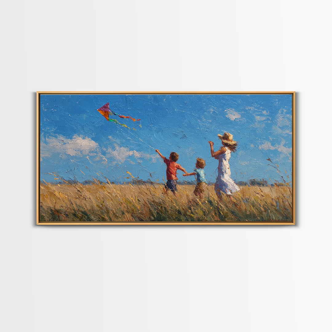Mother And Sons Flying Kite Canvas Print, Sunny Grassland Wall Art, Family Home Decor, Nursery Art, Housewarming Gift For Mom