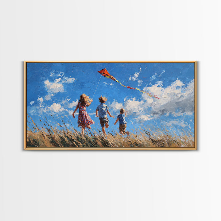 Three Children Chase Red Kite Canvas Print, Breezy Summer Field Wall Art, Kids Room Decor, Coastal Landscape Gift For Her