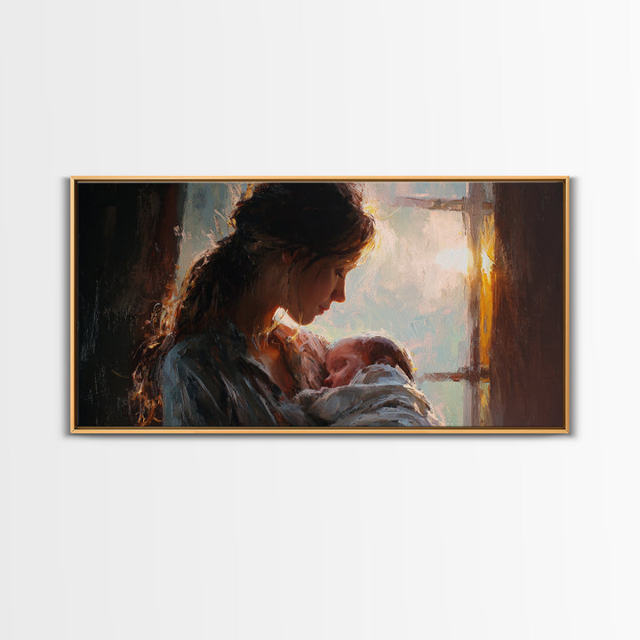Mother Nursing Baby By Window Canvas Print, Warm Newborn Wall Art, Moody Nursery Decor, Gift For Her, Bedroom Wall Decor