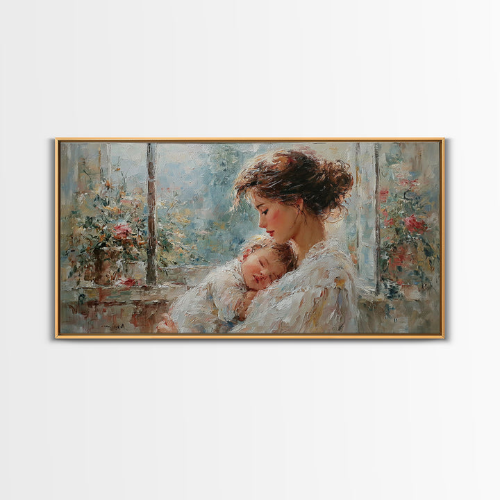 Tender Mother And Baby By Rainy Window Canvas Print, Impressionist Nursery Wall Art, Floral Bedroom Decor, New Mom Gift, Home Decor