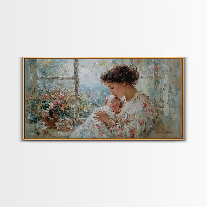 Mother Kissing Newborn By Garden Window Framed Canvas Print, Impressionist Nursery Wall Art, Floral Home Decor Gift For Her