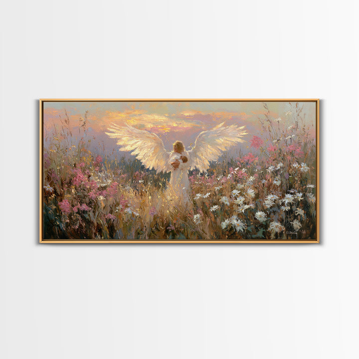 Glowing Guardian Angel Holding Baby At Sunset Canvas Print, Spiritual Wall Art, Wildflower Meadow Decor, Christian Gift Idea