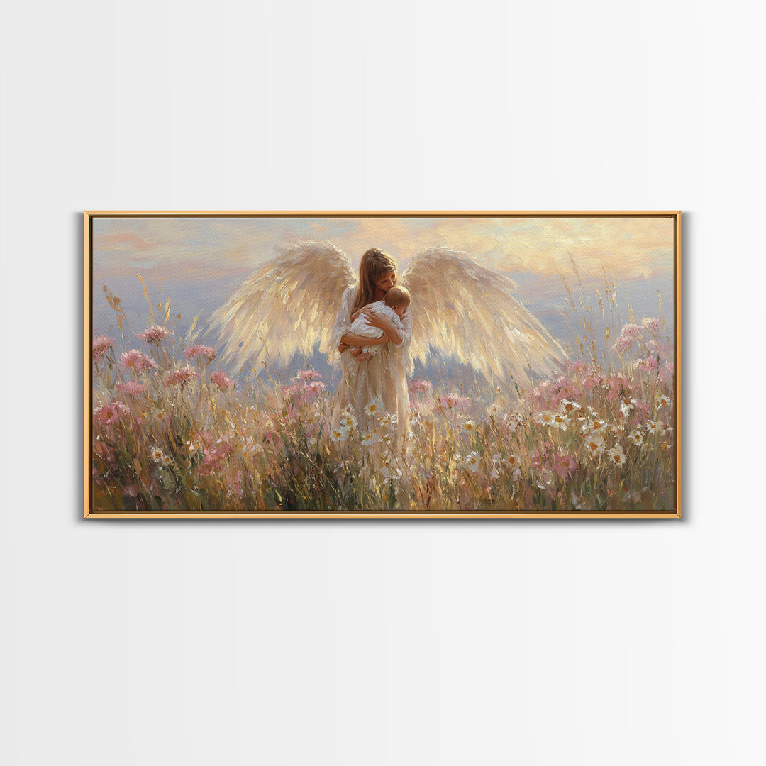 Radiant Angel Cradling Infant In Wildflower Field Canvas Print, Christian Wall Art, Spiritual Nursery Decor, Baby Shower Gift