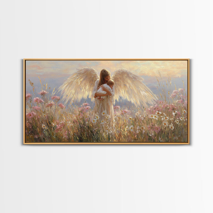 Radiant Angel Cradling Infant In Wildflower Field Canvas Print, Christian Wall Art, Spiritual Nursery Decor, Baby Shower Gift