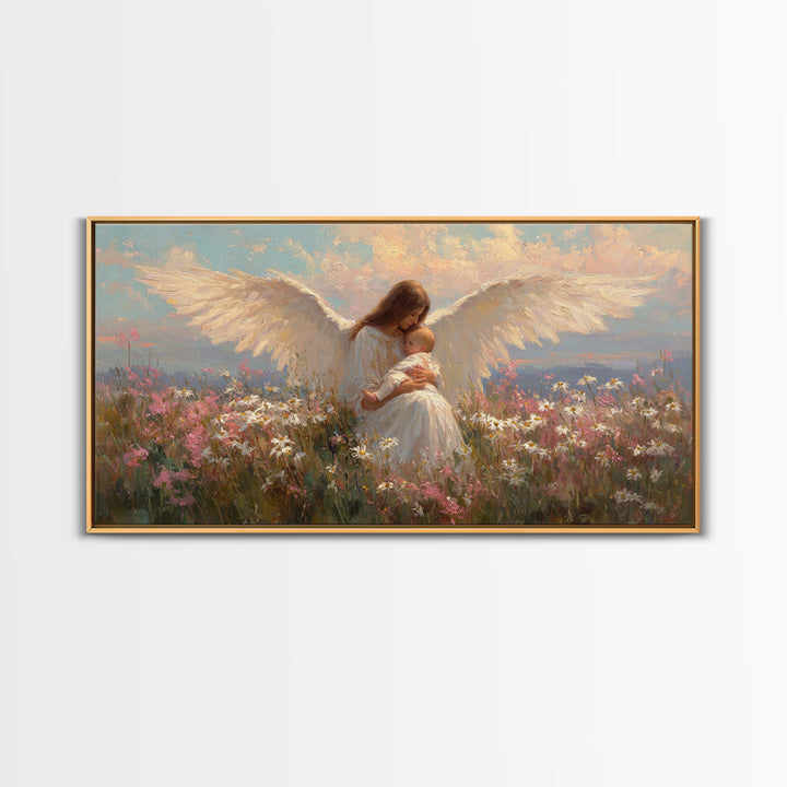 Angel Mother Nursing Baby Among Wildflowers Framed Canvas Print, Spiritual Wall Art, Christian Nursery Decor, Gift For Mom