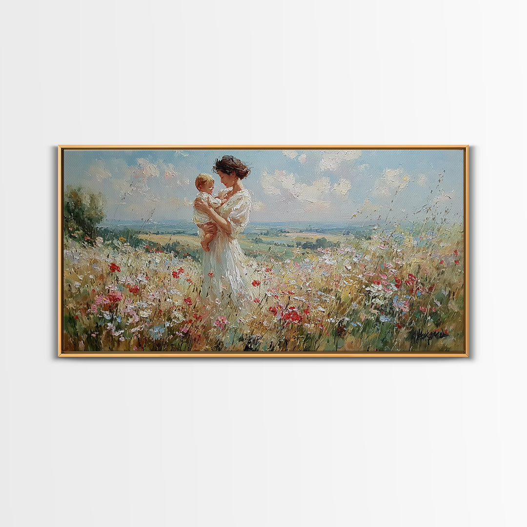 Mother And Toddler In Blooming Meadow Canvas Print, Impressionist Wall Art, Floral Nursery Decor, Living Room Wall Art Print