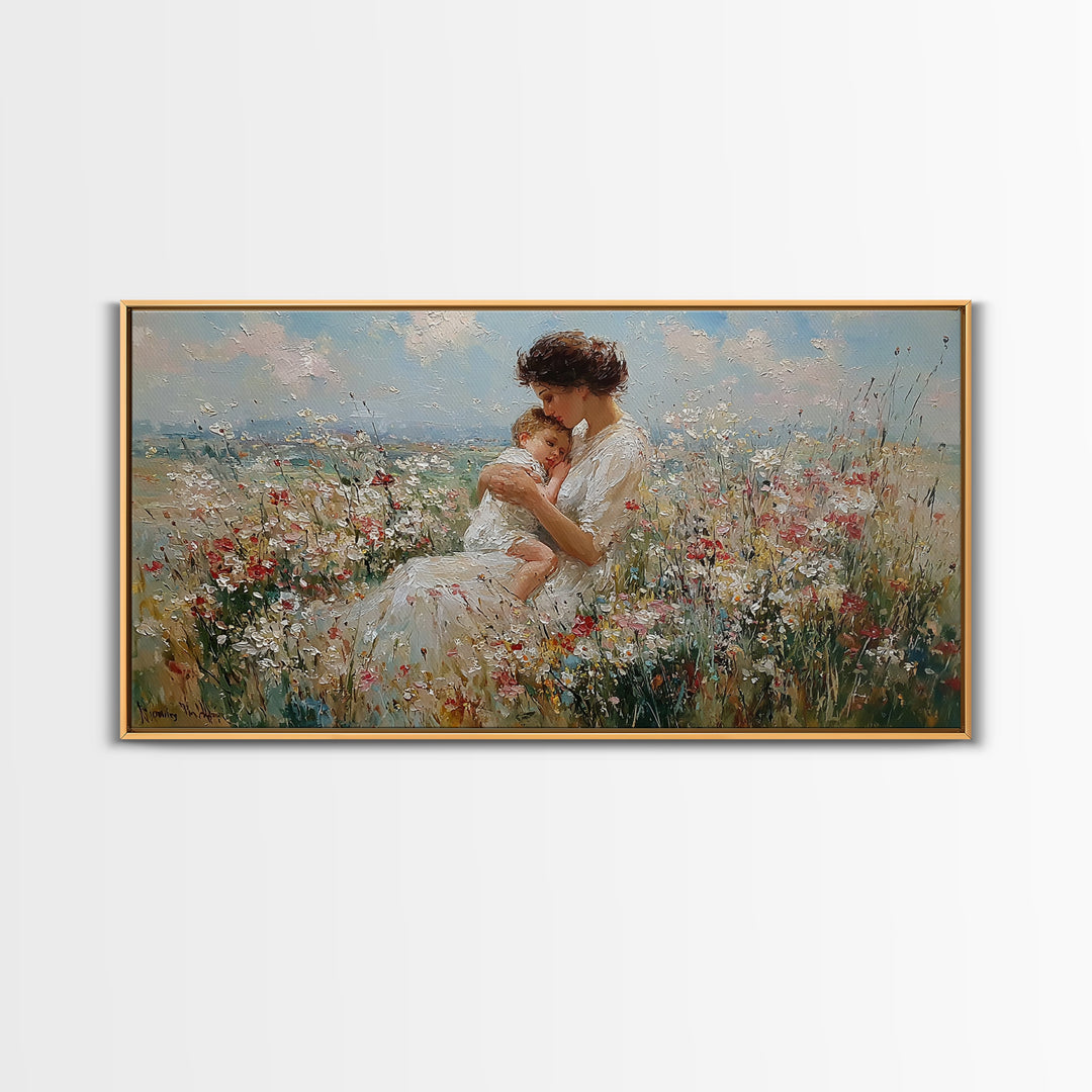 Seated Mother Holding Sleeping Child In Flower Field Canvas Print, Impressionist Wall Art, Nursery Decor, Housewarming Gift