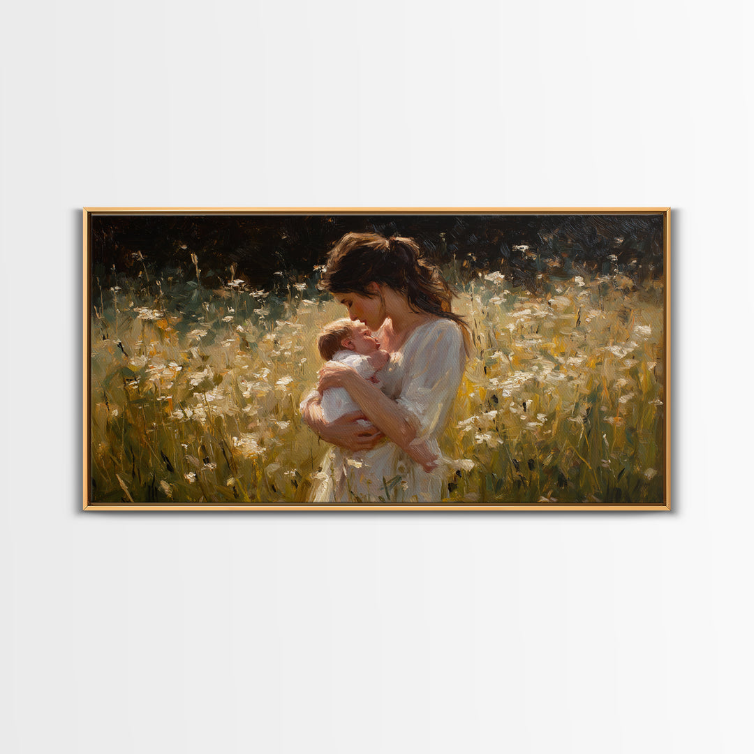 Tender Mother And Baby In White Wildflower Meadow Canvas Print, Impressionist Nursery Wall Art, Gift For Mom, Bedroom Decor