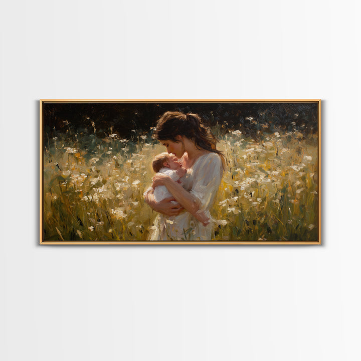 Tender Mother And Baby In White Wildflower Meadow Canvas Print, Impressionist Nursery Wall Art, Gift For Mom, Bedroom Decor