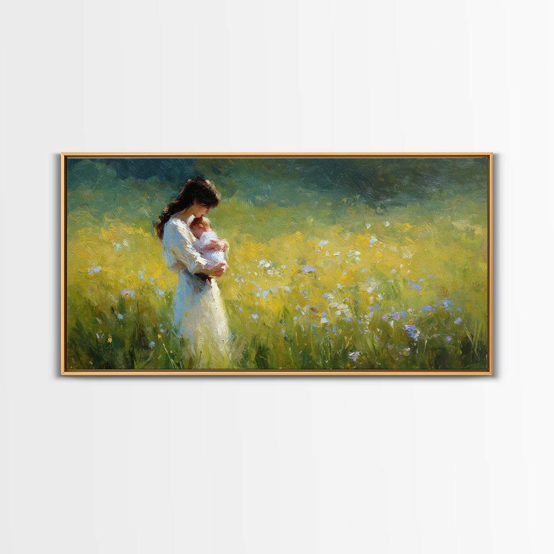 Mother Holding Newborn In Sunny Wildflower Field Framed Canvas Print, Impressionist Wall Art, Nursery Decor, Gift For Mom