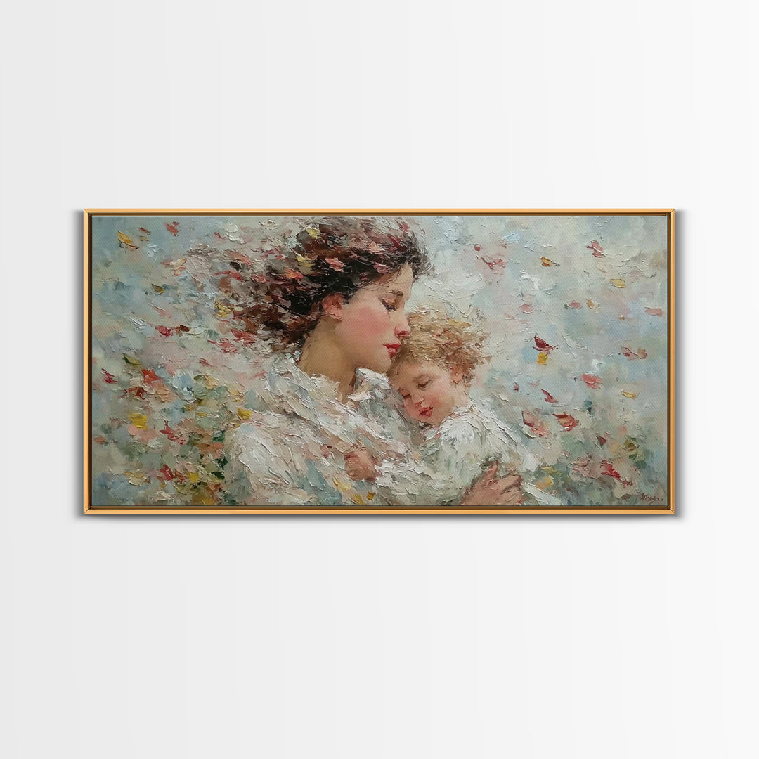 Windblown Mother And Sleeping Child With Petals Canvas Print, Feminine Wall Art, Impressionist Nursery Decor, Gift For Her
