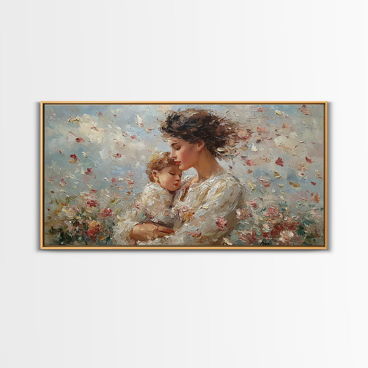 Mother Embracing Child In Blossoming Garden Wall Art, Impressionist Framed Canvas Print, Romantic Floral Decor, Gift For Mom