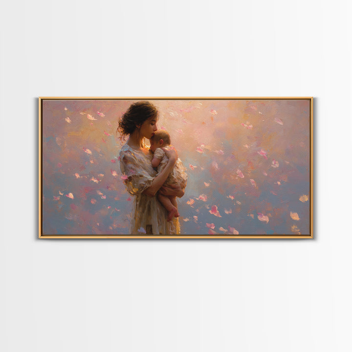 Soft Pink Mother And Baby At Sunset Canvas Print, Romantic Nursery Wall Art, Feminine Bedroom Decor, Beautiful Gift For New Mom