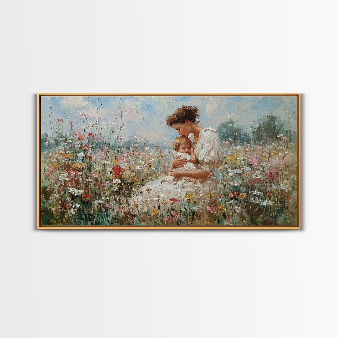 Mother And Baby In Wildflower Meadow Canvas Print, Impressionist Floral Nursery Wall Art, Gift For Mom, Motherhood Decor