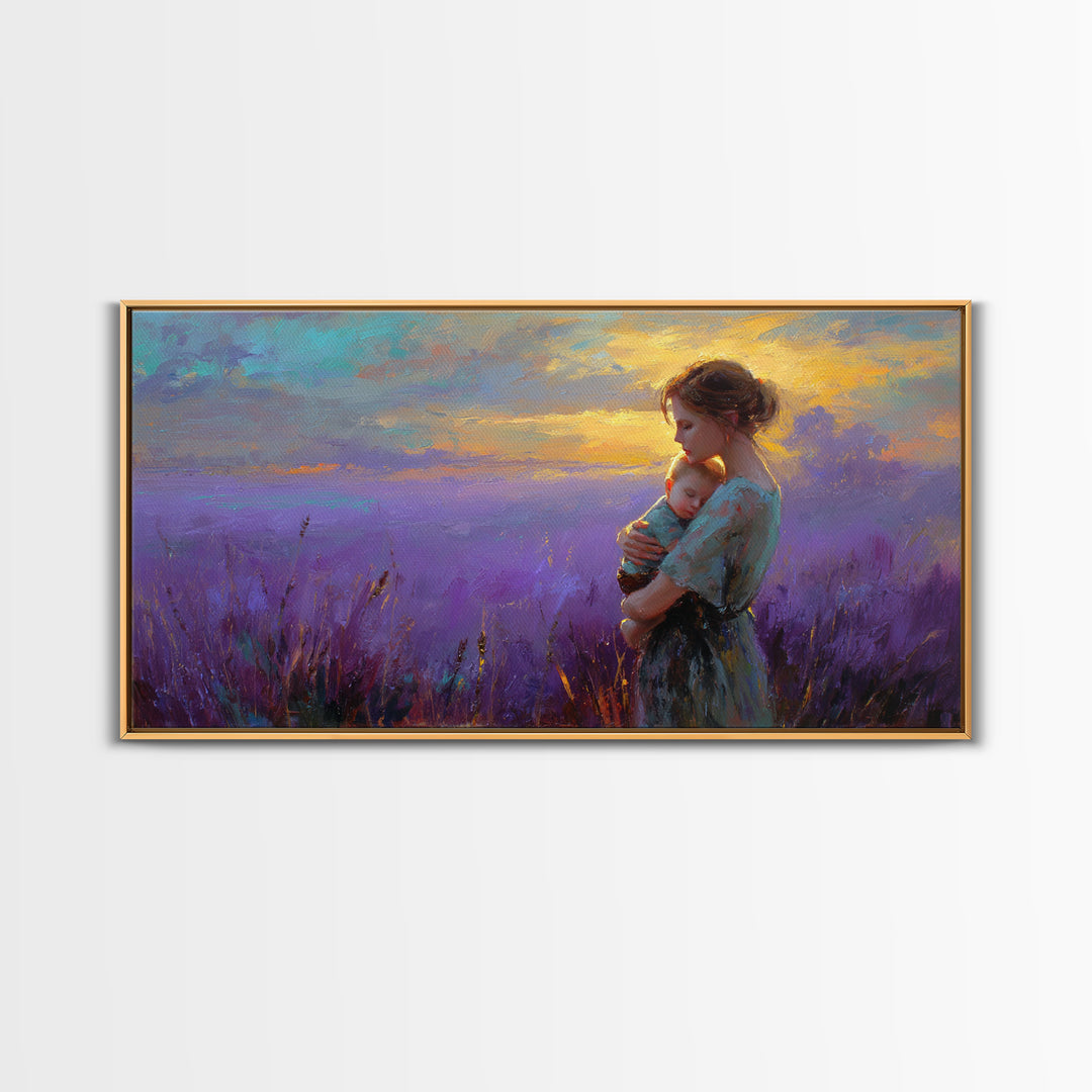Mother Holding Baby In Lavender Sunset Canvas Print, Purple Field Wall Art, Motherhood Gift, Calming Nursery Bedroom Decor