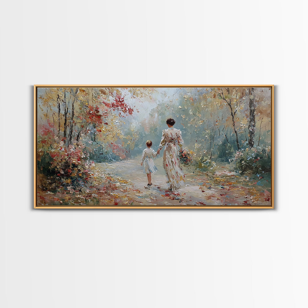 Mother And Child Walking Floral Woodland Path Wall Art, Impressionist Autumn Canvas Print, Family Gift, Living Room Decor