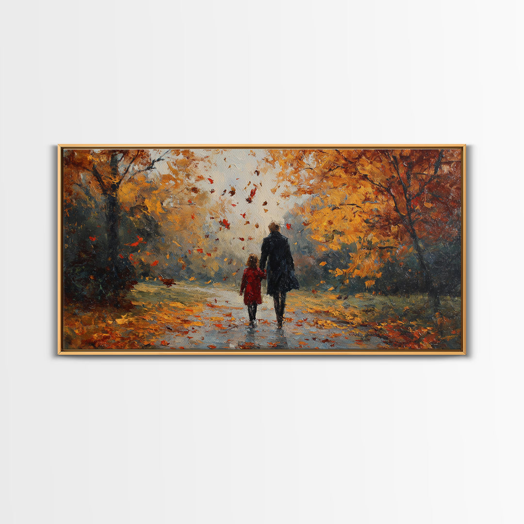 Father And Child In Orange Autumn Forest Wall Art, Impressionist Fall Canvas Print, Family Gift, Cozy Living Room Home Decor
