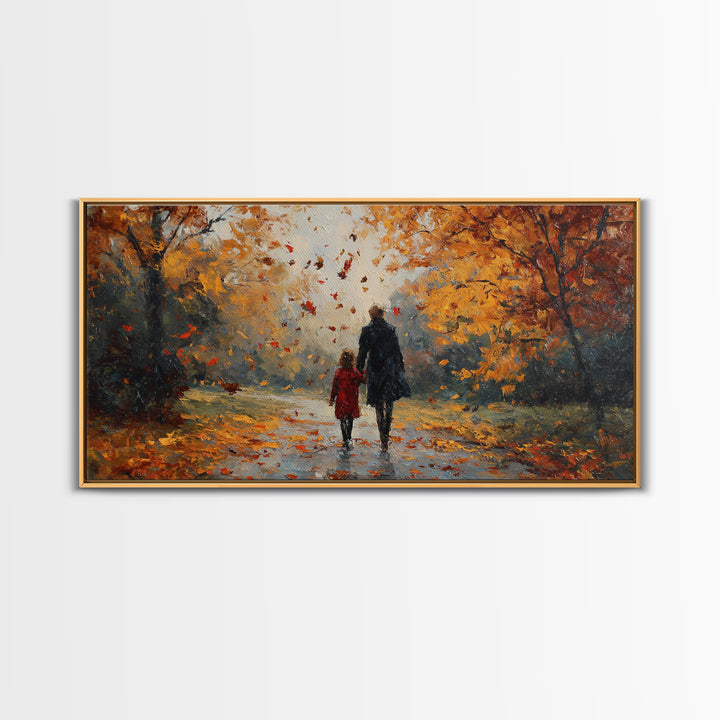 Father And Child In Orange Autumn Forest Wall Art, Impressionist Fall Canvas Print, Family Gift, Cozy Living Room Home Decor