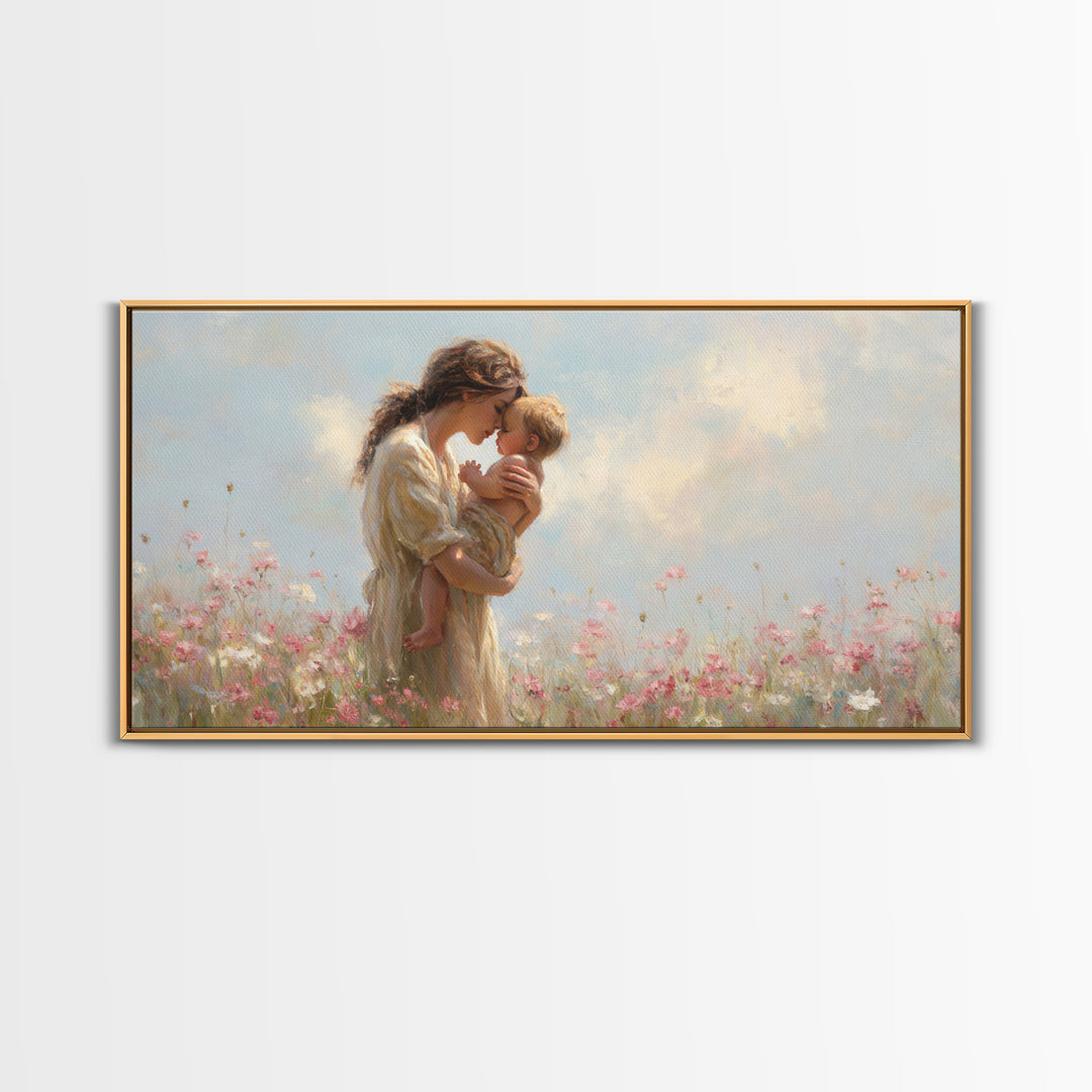 Mother Kissing Baby In Pastel Wildflower Meadow Canvas Print, Impressionist Nursery Wall Art, Motherhood Gift, Bedroom Decor