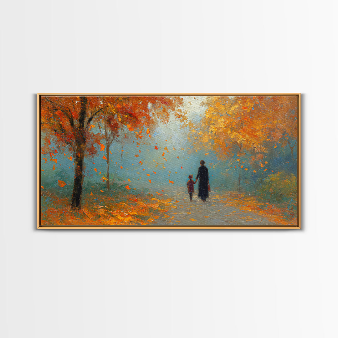 Father And Child Walking Orange Autumn Path Framed Canvas Print, Fall Forest Wall Art, Family Gift, Cozy Living Room Decor