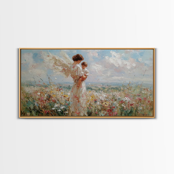 Angel Mother Holding Baby In Breezy Flower Field Canvas Print, Christian Wall Decor, Nursery Art, Mothers Day Gift For Her