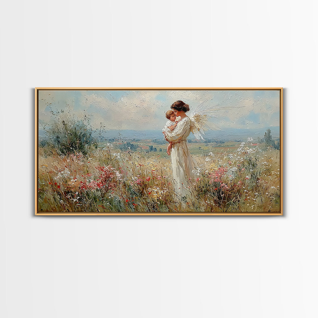 White Angel Mother And Child In Sunlit Wildflower Field Wall Art, Christian Home Decor, Serene Nursery Art Print Gift For Her
