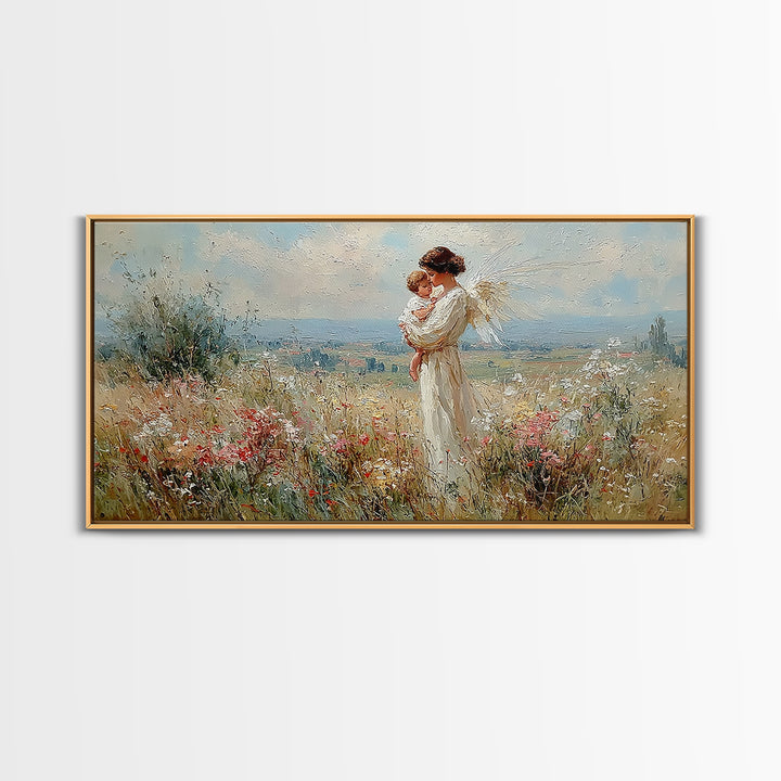 White Angel Mother And Child In Sunlit Wildflower Field Wall Art, Christian Home Decor, Serene Nursery Art Print Gift For Her