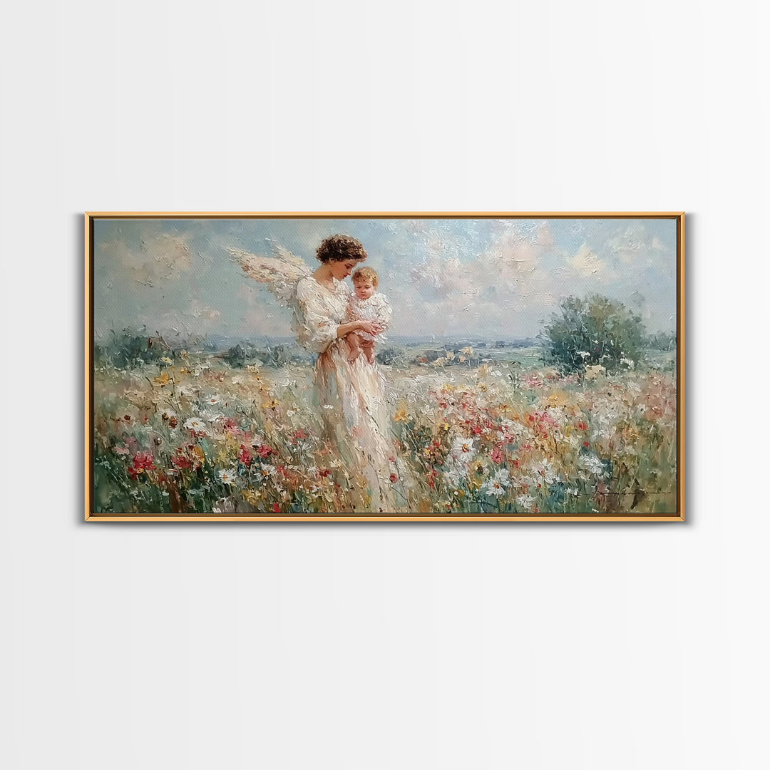 Impressionist Angel Mother With Baby In Daisy Meadow Framed Canvas Print, Christian Nursery Decor, Motherhood Wall Art Gift