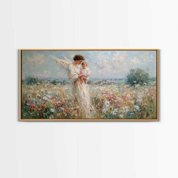Impressionist Angel Mother With Baby In Daisy Meadow Framed Canvas Print, Christian Nursery Decor, Motherhood Wall Art Gift