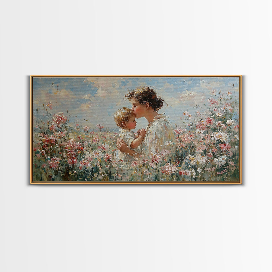 Mother Kissing Baby In Pink Wildflower Garden Wall Art, Impressionist Nursery Decor, Motherhood Gift, Feminine Art Print