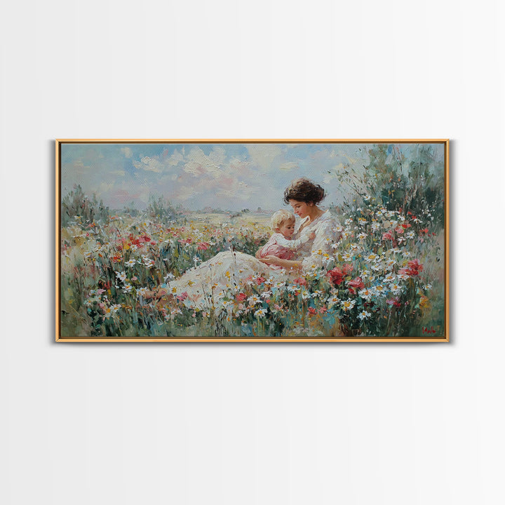 Mother And Baby In Wildflower Meadow Wall Art, Impressionist Floral Landscape, Fine Art Print, Motherhood Gift Home Decor