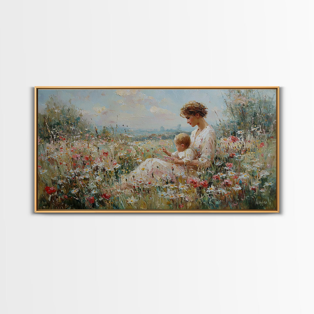 Seaside Wildflower Mother And Child Canvas Print, Impressionist Meadow Landscape, Mother's Day Gift, Living Room Home Decor