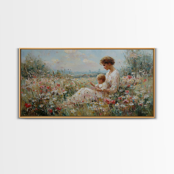 Seaside Wildflower Mother And Child Canvas Print, Impressionist Meadow Landscape, Mother's Day Gift, Living Room Home Decor
