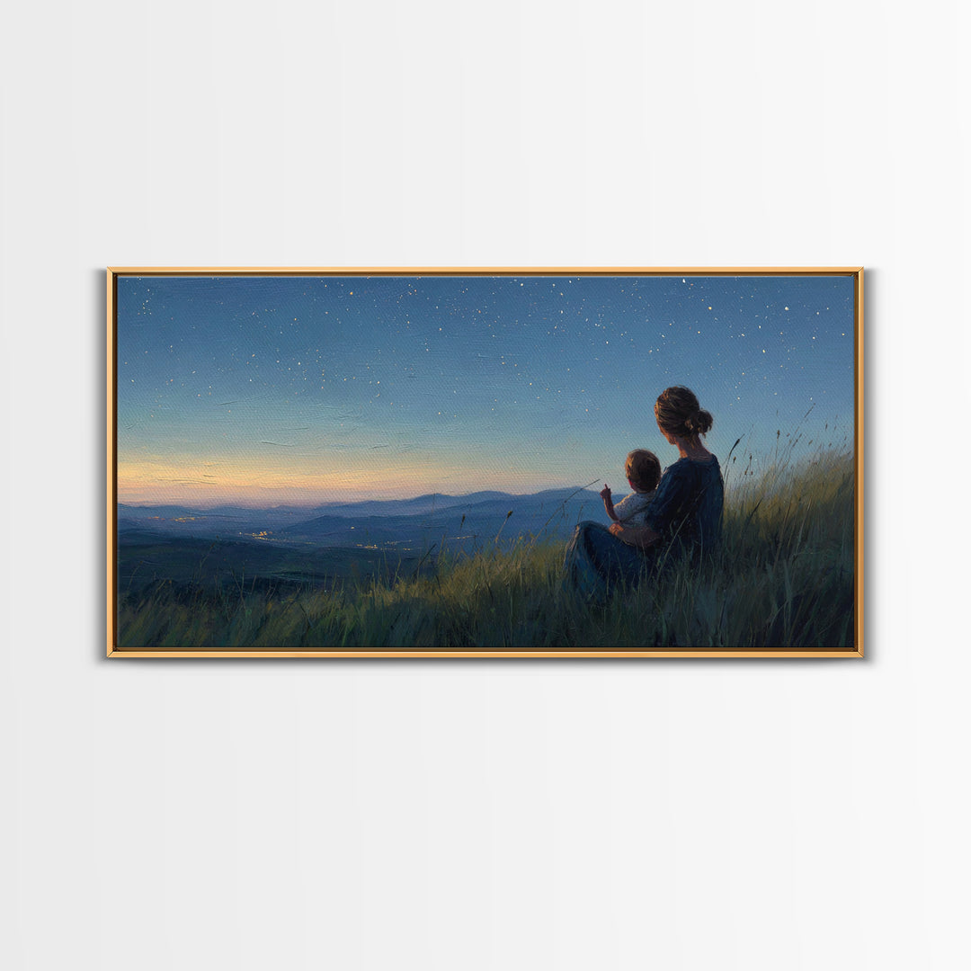 Mother And Child Under Starry Mountain Sky Canvas Print, Celestial Landscape, Blue Bedroom Art, Above Bed Decor, Gift For Her