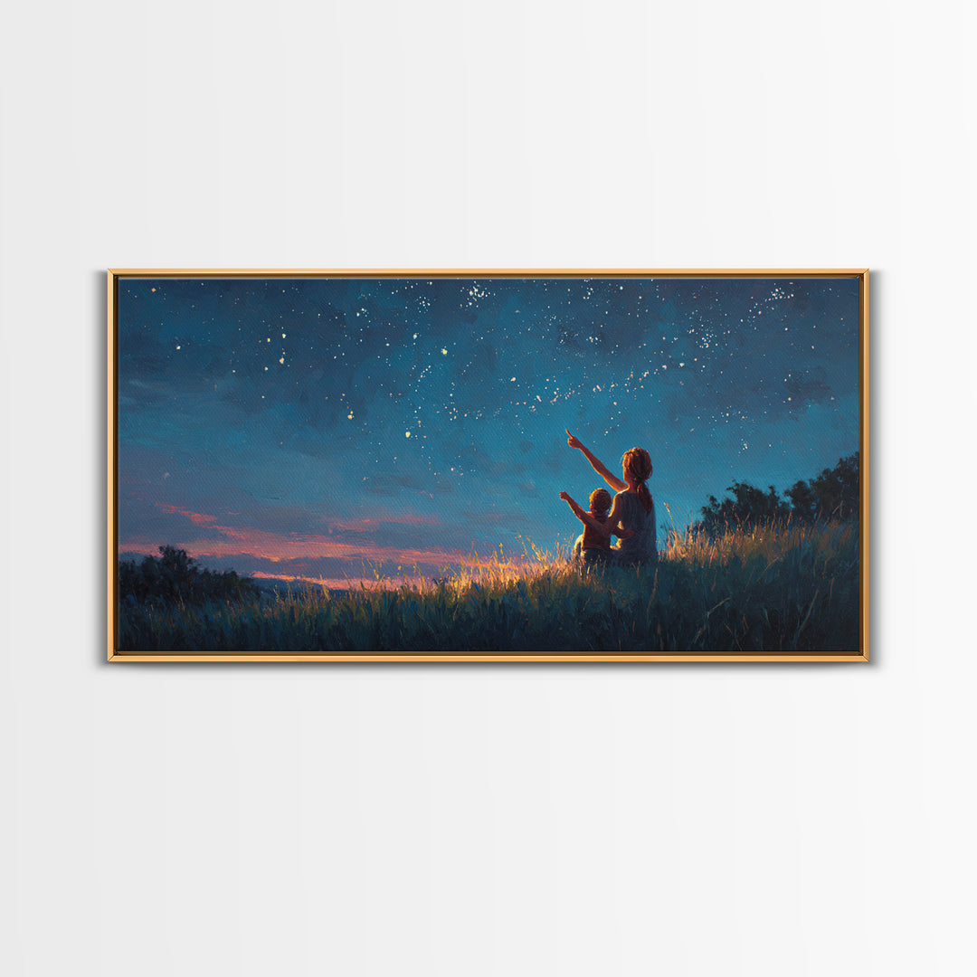 Mother And Child Pointing At Twilight Stars Canvas Print, Celestial Landscape, Blue Wall Art, Modern Bedroom Decor, Gift