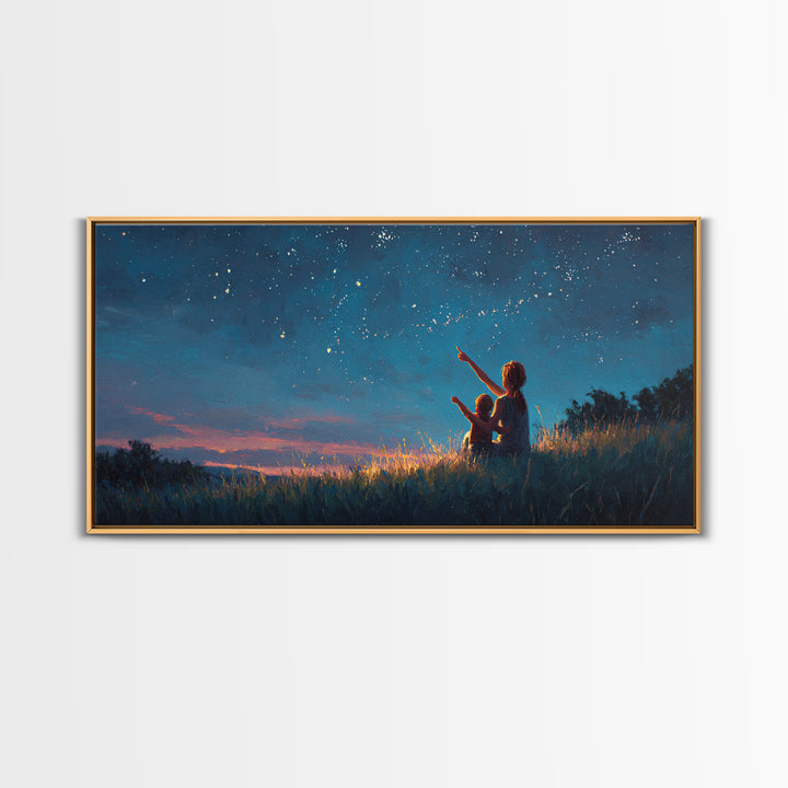 Mother And Child Pointing At Twilight Stars Canvas Print, Celestial Landscape, Blue Wall Art, Modern Bedroom Decor, Gift