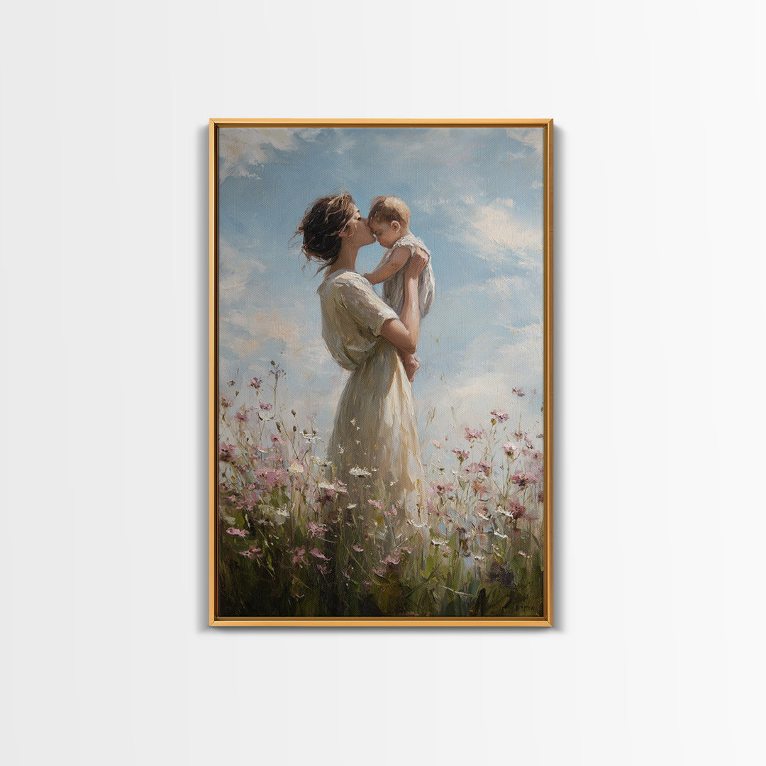 Mother Holding Baby In Wildflower Meadow Framed Canvas Print, Soft Sky Nursery Wall Art, Mothers Day Gift, Fine Art Print