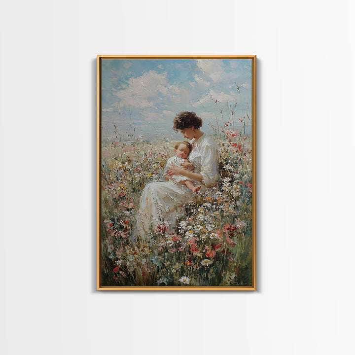 Seated Mother And Baby In Wildflowers Framed Canvas Print, Soft Floral Wall Art, Nursery Decor, Mothers Day Gift For Her