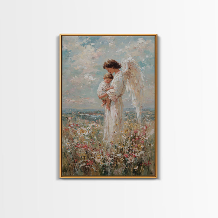 Guardian Angel Holding Child In Flower Meadow Wall Art, Christian Nursery Decor, Spiritual Canvas Print, Baptism Gift For Mom