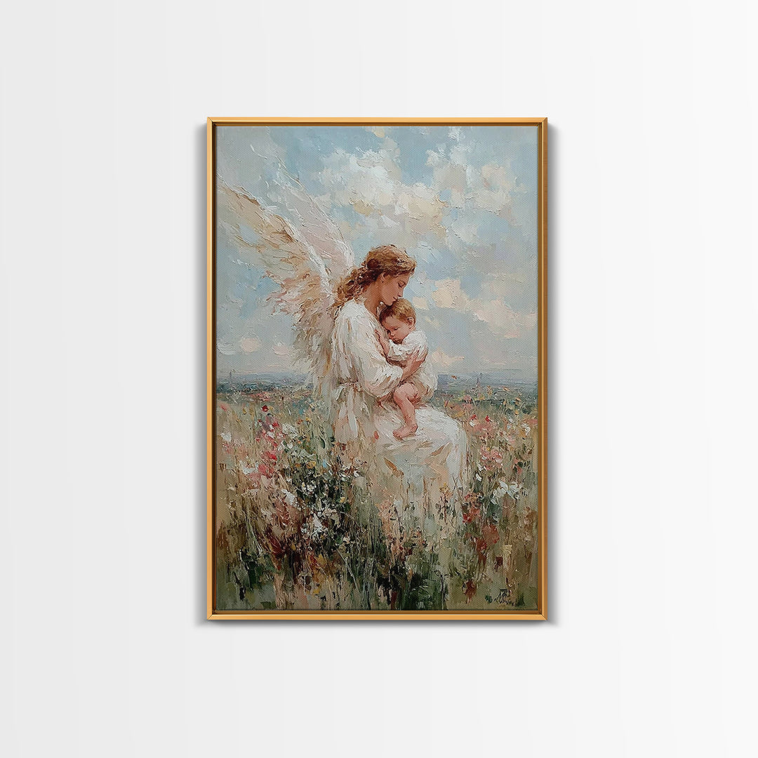 Angel Mother Cradling Baby In Wildflower Field Framed Canvas Print, Christian Wall Art, Nursery Decor, Spiritual Gift For Mom