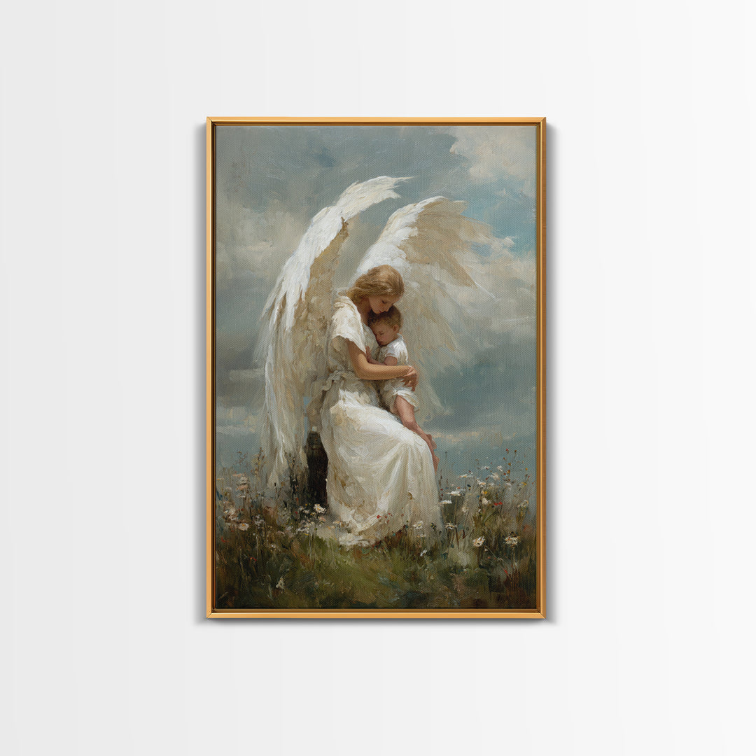 Winged Guardian Angel Embracing Baby Framed Canvas Print, Heavenly Christian Wall Art, Nursery Decor, Baptism Gift For Her