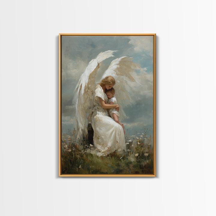 Winged Guardian Angel Embracing Baby Framed Canvas Print, Heavenly Christian Wall Art, Nursery Decor, Baptism Gift For Her