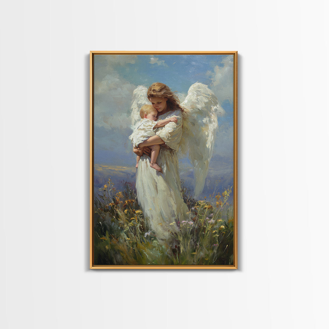 Angel Holding Sleeping Baby In Meadow Canvas Print, Serene Christian Wall Art, Nursery Decor, Guardian Angel Gift For Mom